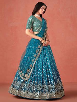 Glamorous rama blue zari sequins embroidered georgette indian wedding lehenga dress 8