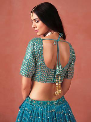 Glamorous rama blue zari sequins embroidered georgette indian wedding lehenga dress 9