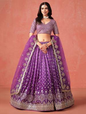 Glamourous purple sequin zari embroidered georgette indian wedding lehenga dress 7