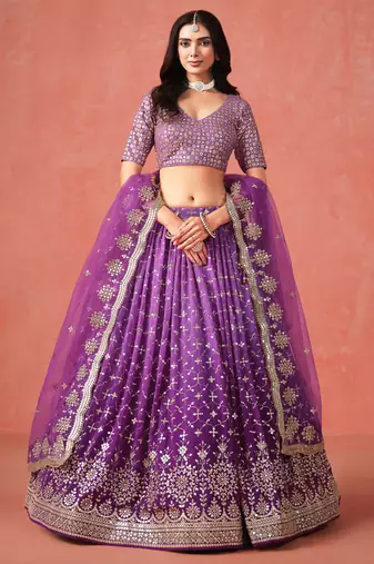 Glamourous purple sequin zari embroidered georgette indian wedding lehenga dress