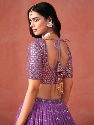 Glamourous purple sequin zari embroidered georgette indian wedding lehenga dress 8