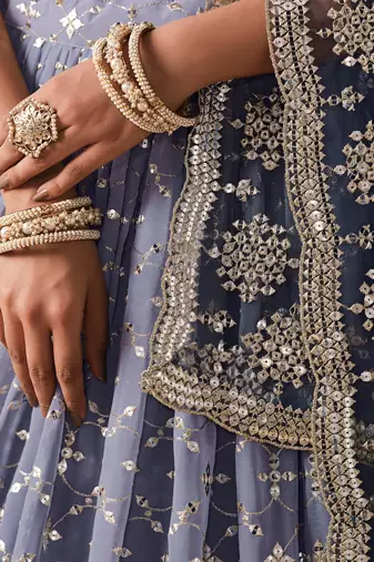 Bewitching navy blue and grey sequins zari emrbroidered georgette indian wedding designer lehenga dress