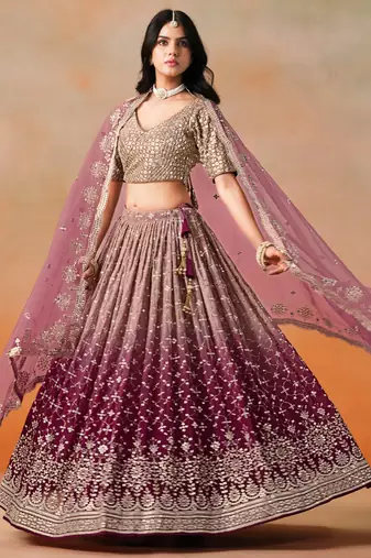 maroon zari embroidered georgette bridal lehenga