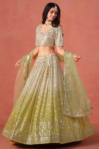 Beautiful Gradient from soft yellow to beige zari sequins embroidered indian wedding lehenga