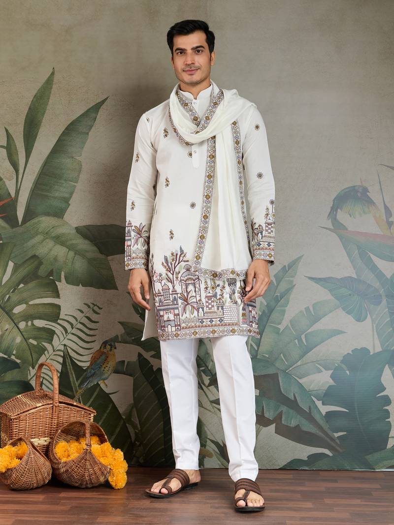 white viscose silk thead with sequins embroidered straight kurta with dupatta