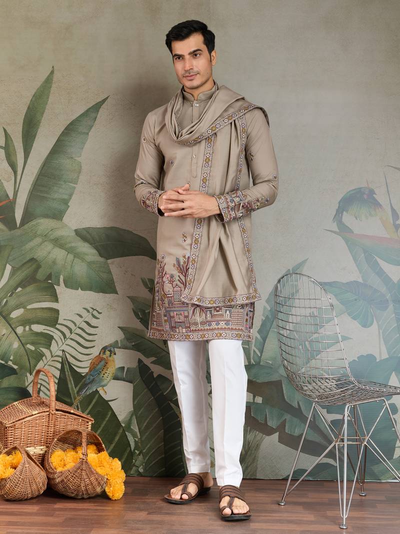beige silk with sequins embroidered straight kurta with dupatta