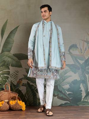 SKY BLUE VISCOSE SILK THEAD WITH SEQUINS EMBROIDERED WORK WEDDING FESTIVAL PARTY WEAR STRAIGHT KURTA WITH DUPATTA 9