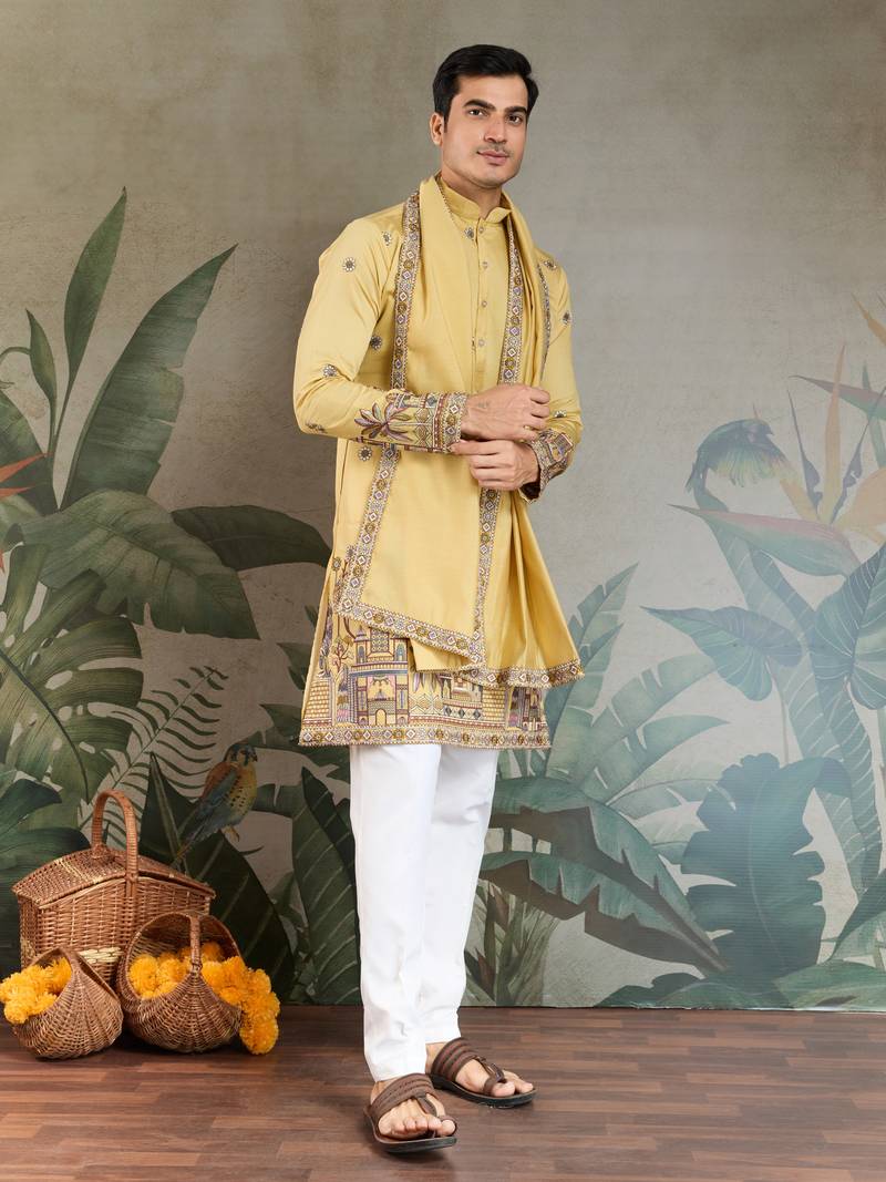 Yellow viscose silk thead with sequins embroidered work wedding function festival party wear straight kurta with dupatta