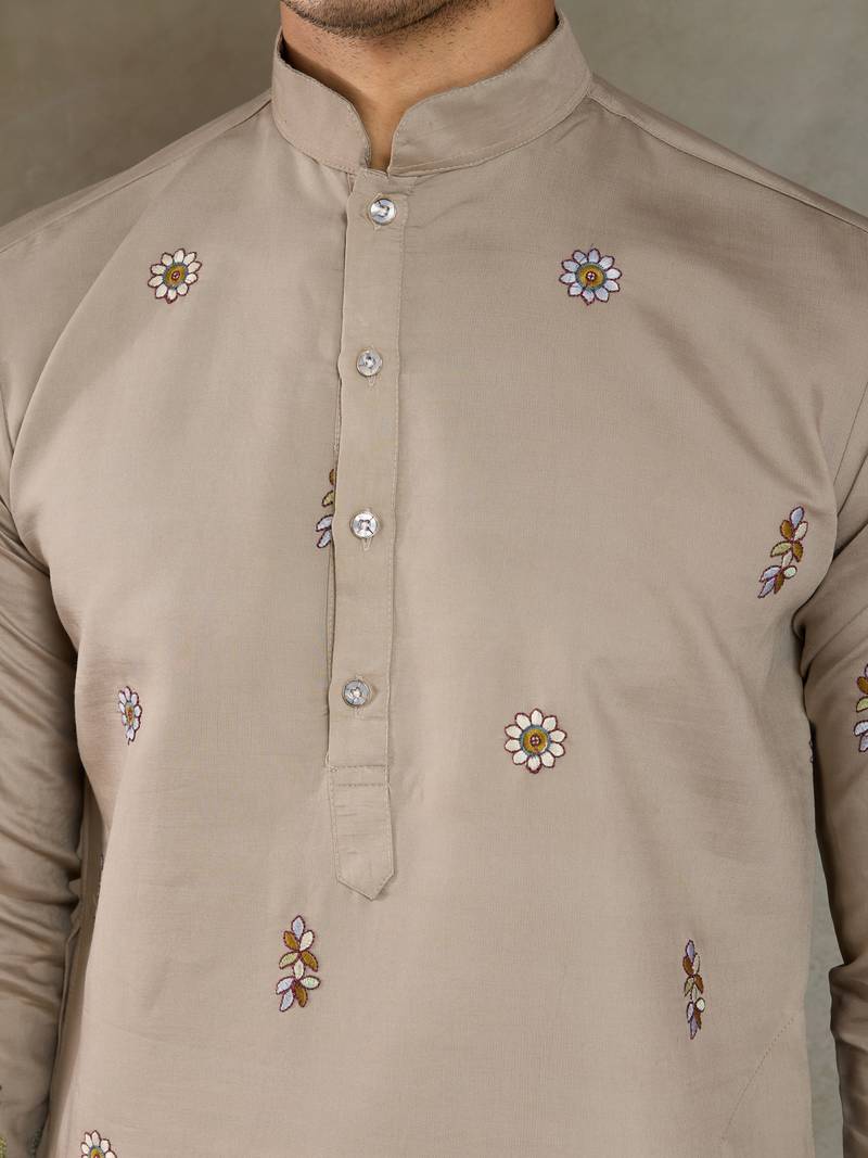 beige silk with sequins embroidered straight kurta with dupatta