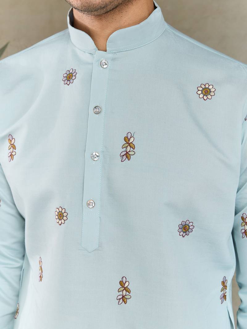 sky blue viscose silk sequins embroidered kurta with dupatta