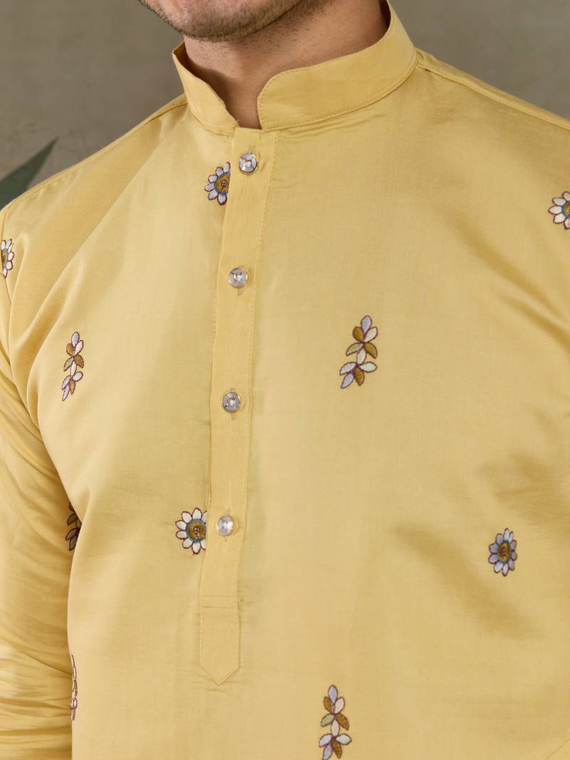Yellow viscose silk thead with sequins embroidered work wedding function festival party wear straight kurta with dupatta