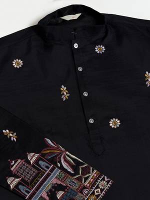 BLACK VISCOSE SILK THEAD WITH SEQUINS EMBROIDERED WORK WEDDING FUNCTION FESTIVAL PARTY WEAR STRAIGHT KURTA WITH DUPATTA 10