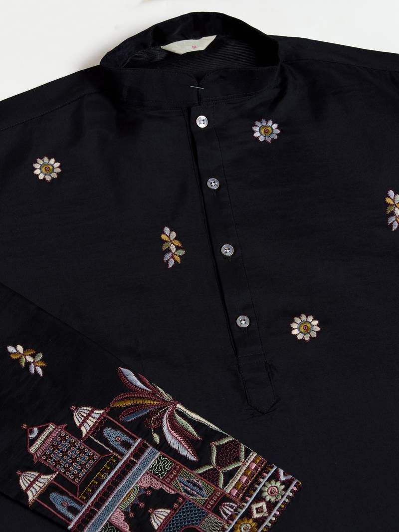 black viscose silk sequins embroidered straight kurta with dupatta