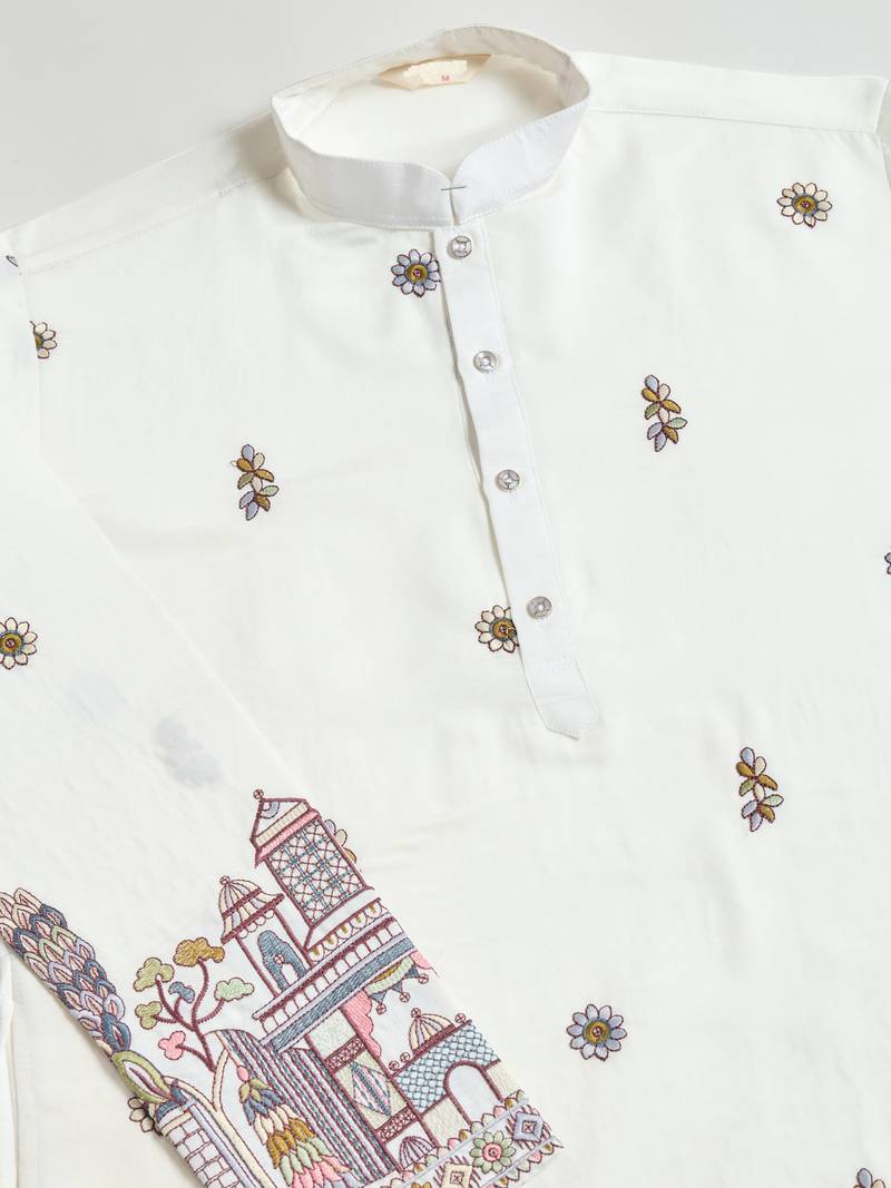 white viscose silk thead with sequins embroidered straight kurta with dupatta