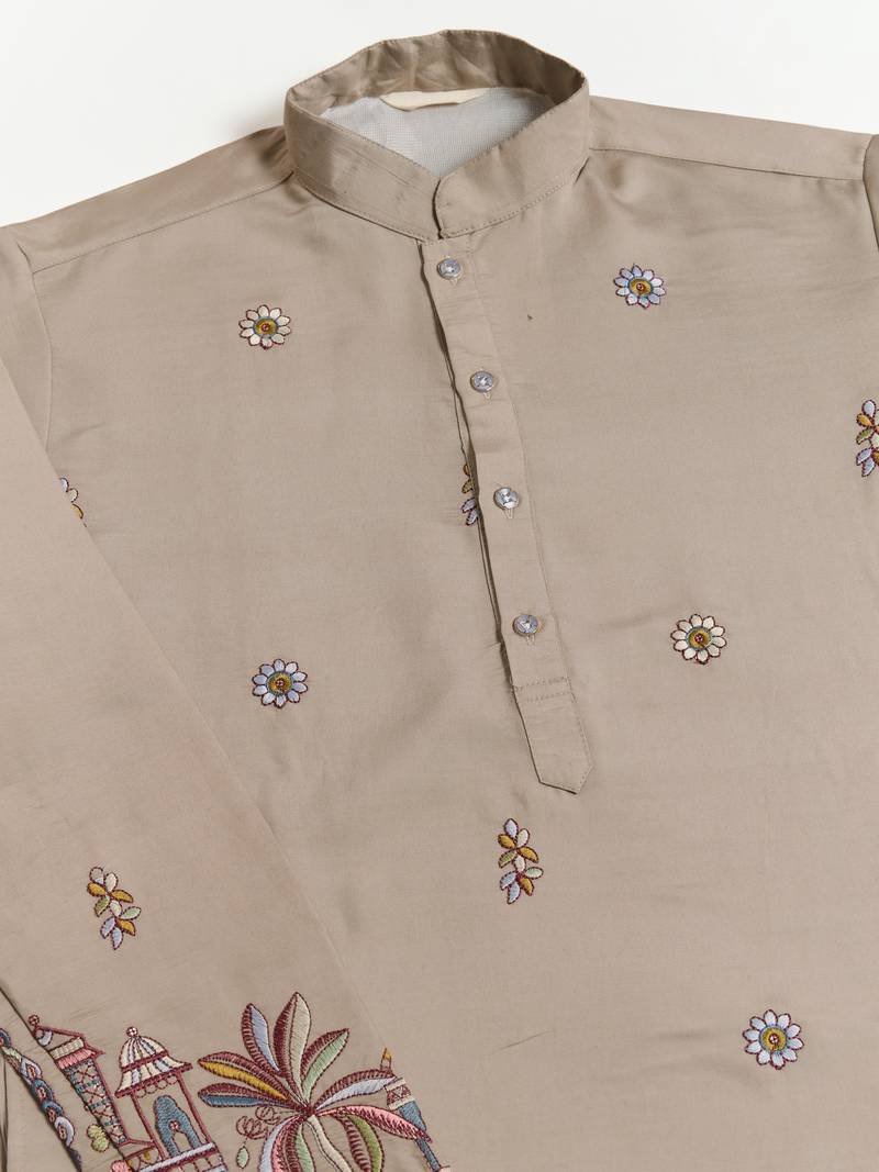 beige silk with sequins embroidered straight kurta with dupatta