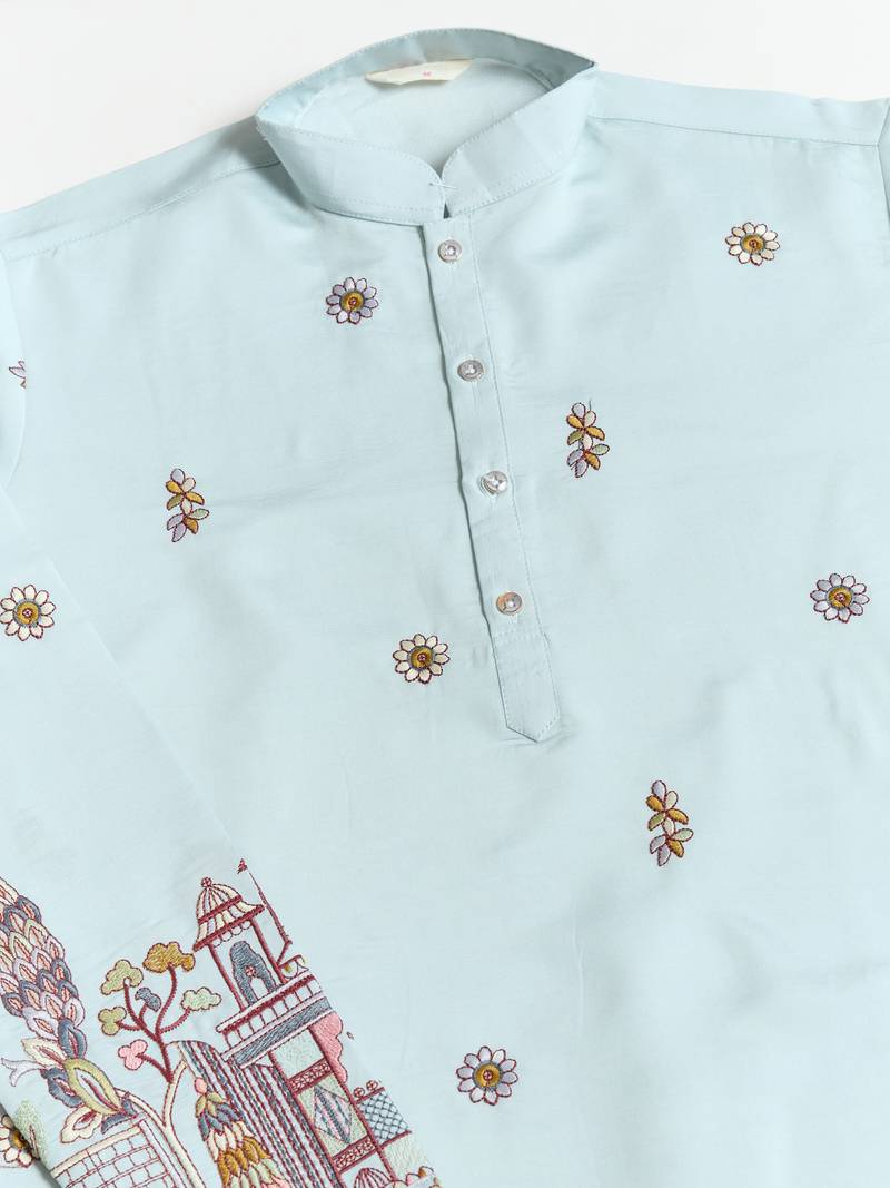 sky blue viscose silk sequins embroidered kurta with dupatta