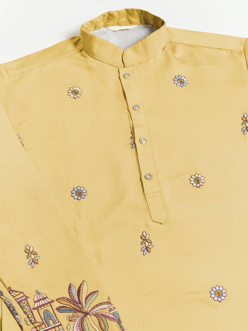 Yellow viscose silk thead with sequins embroidered work wedding function festival party wear straight kurta with dupatta