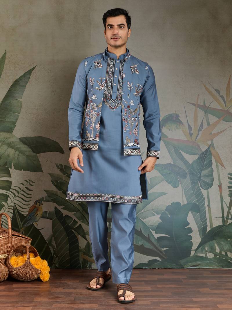 Blue grey viscose silk thead with sequins embroidered work wedding function festival party wear straight kurta pant koti