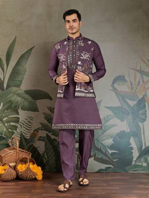 PURPLE VISCOSE SILK THEAD WITH SEQUINS EMBROIDERED WORK WEDDING FUNCTION FESTIVAL PARTY WEAR STRAIGHT KURTA PANT KOTI 7