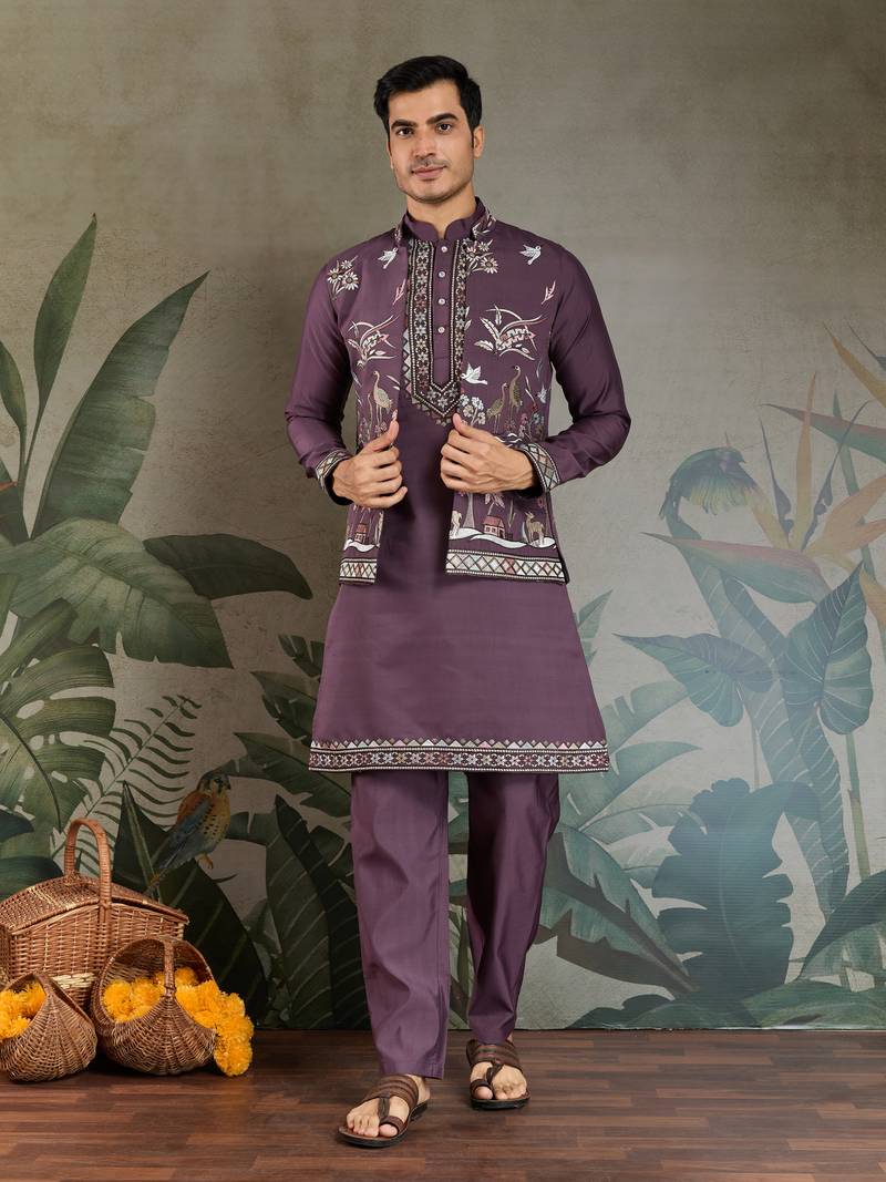 Purple viscose silk thead with sequins embroidered work wedding function festival party wear straight kurta pant koti