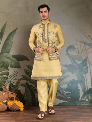 YELLOW VISCOSE SILK THEAD WITH SEQUINS EMBROIDERED WORK WEDDING FUNCTION FESTIVAL PARTY WEAR STRAIGHT KURTA PANT KOTI 7