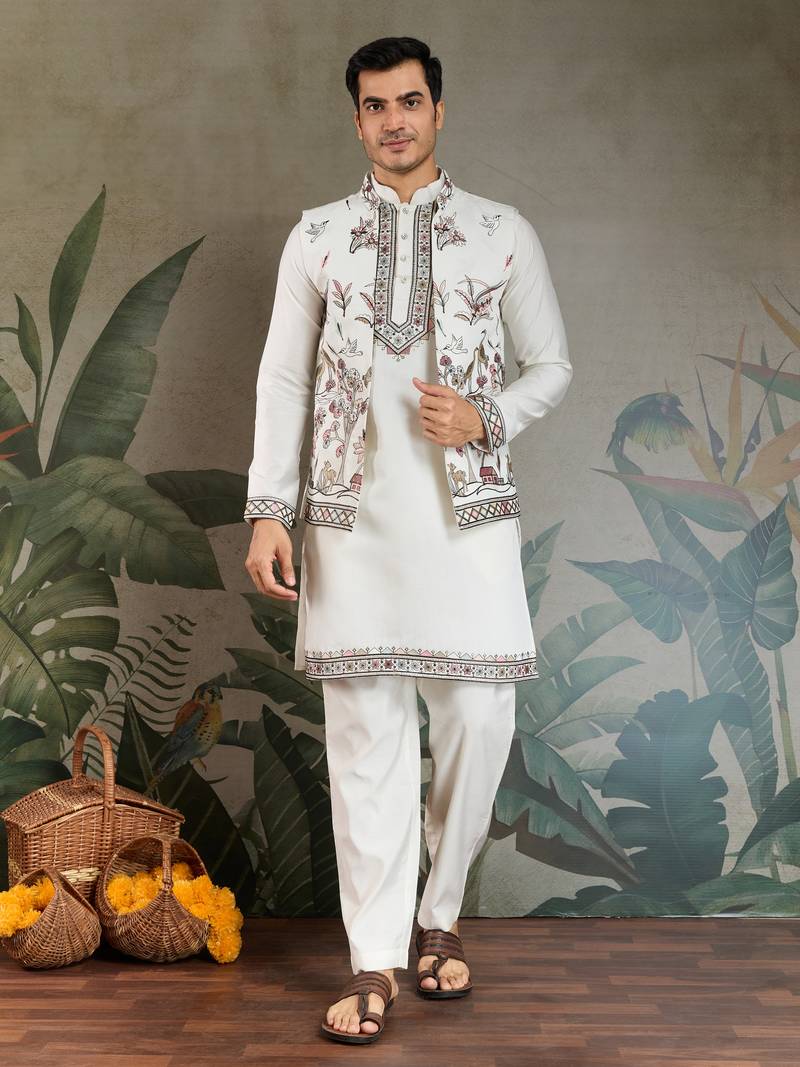 White viscose silk thead with sequins embroidered work wedding function festival party wear straight kurta pant koti