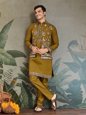 OLIVE VISCOSE SILK THEAD WITH SEQUINS EMBROIDERED WORK WEDDING FUNCTION FESTIVAL PARTY WEAR STRAIGHT KURTA PANT KOTI 7