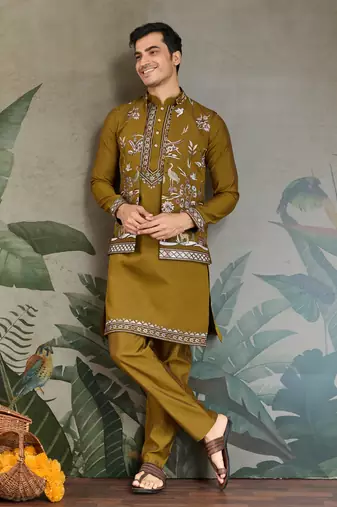 OLIVE VISCOSE SILK THEAD WITH SEQUINS EMBROIDERED WORK WEDDING FUNCTION FESTIVAL PARTY WEAR STRAIGHT KURTA PANT KOTI