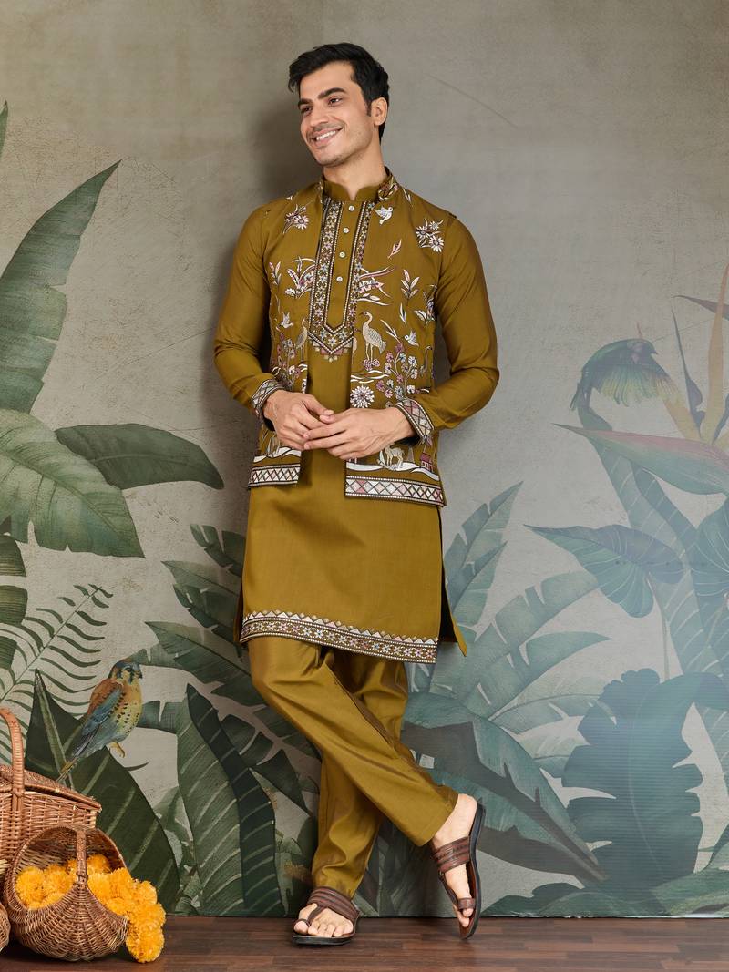 Olive viscose silk thead with sequins embroidered work wedding function festival party wear straight kurta pant koti