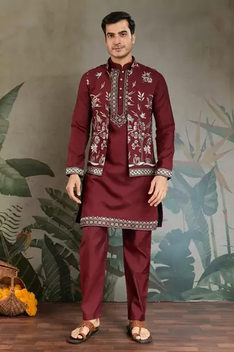 MAROON VISCOSE SILK THEAD WITH SEQUINS EMBROIDERED WORK WEDDING FUNCTION FESTIVAL PARTY WEAR STRAIGHT KURTA PANT KOTI