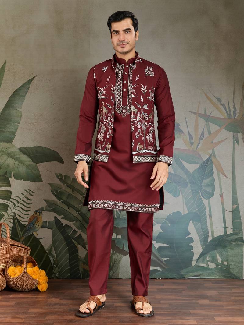 Maroon viscose silk thead with sequins embroidered work wedding function festival party wear straight kurta pant koti