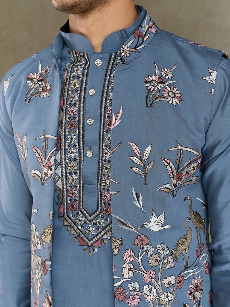 Blue grey viscose silk thead with sequins embroidered work wedding function festival party wear straight kurta pant koti