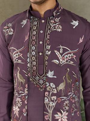 PURPLE VISCOSE SILK THEAD WITH SEQUINS EMBROIDERED WORK WEDDING FUNCTION FESTIVAL PARTY WEAR STRAIGHT KURTA PANT KOTI 8