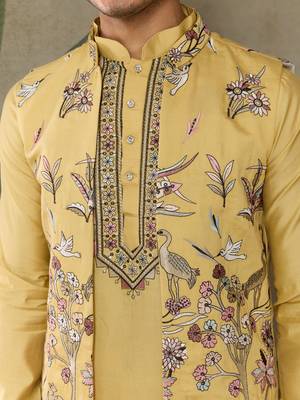 YELLOW VISCOSE SILK THEAD WITH SEQUINS EMBROIDERED WORK WEDDING FUNCTION FESTIVAL PARTY WEAR STRAIGHT KURTA PANT KOTI 8
