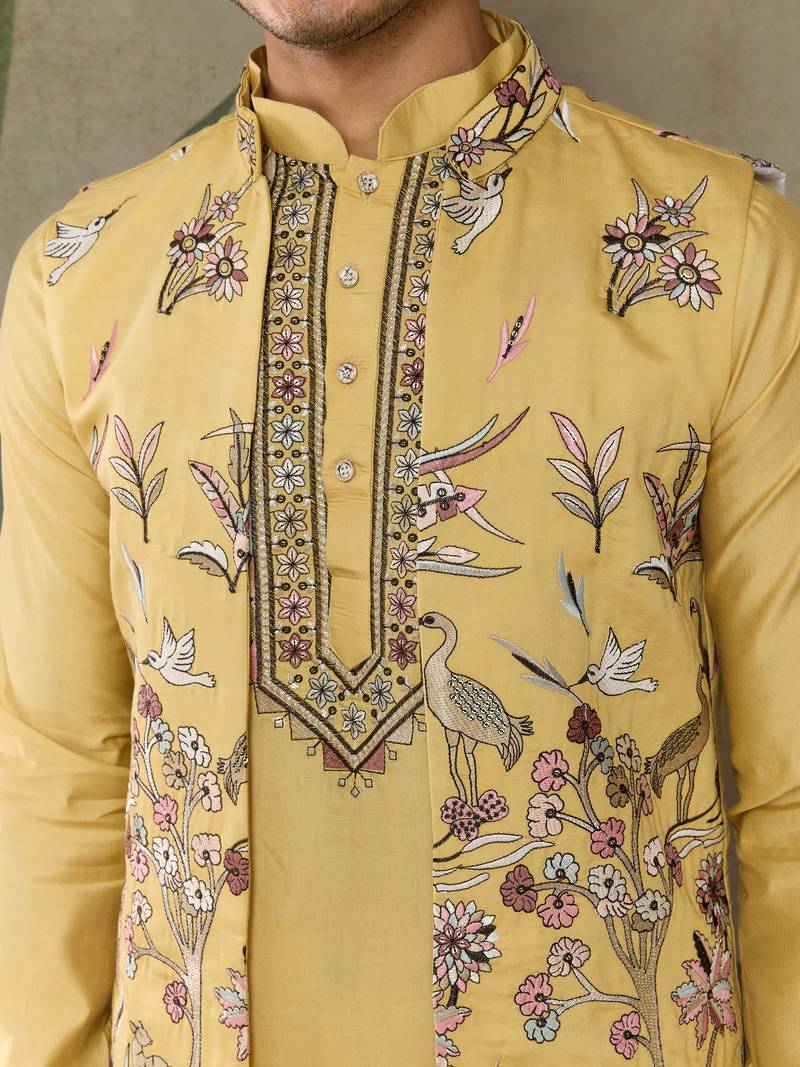 Yellow viscose silk thead with sequins embroidered work wedding function festival party wear straight kurta pant koti