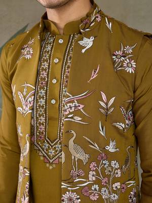OLIVE VISCOSE SILK THEAD WITH SEQUINS EMBROIDERED WORK WEDDING FUNCTION FESTIVAL PARTY WEAR STRAIGHT KURTA PANT KOTI 8