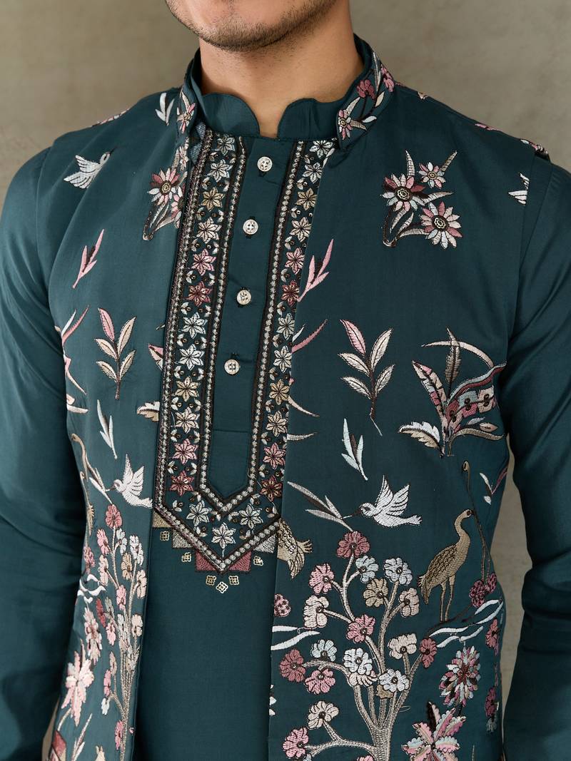 Teal green viscose silk thead with sequins embroidered work wedding festival party wear straight kurta pant koti