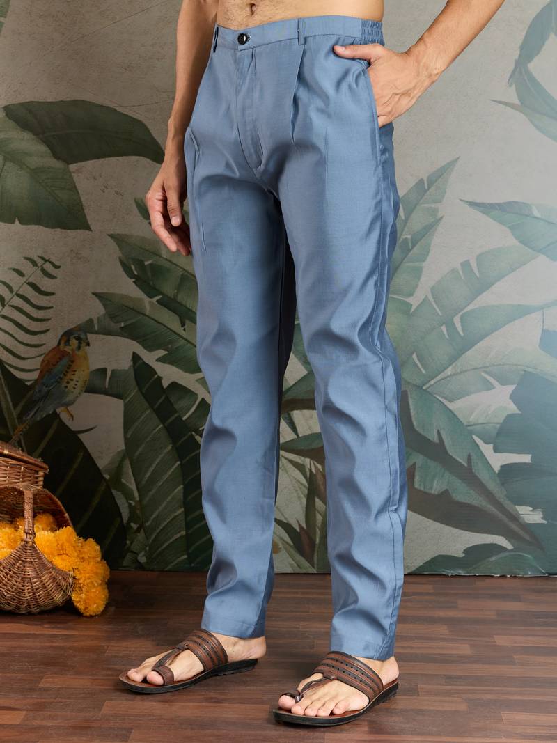 Blue grey viscose silk thead with sequins embroidered work wedding function festival party wear straight kurta pant koti