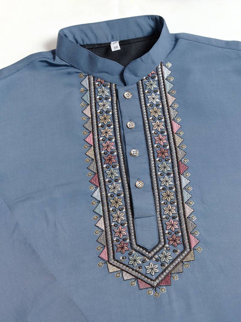 Blue grey viscose silk thead with sequins embroidered work wedding function festival party wear straight kurta pant koti