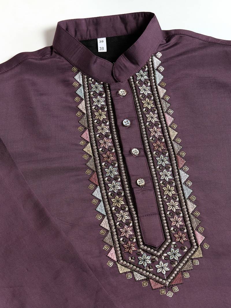 Purple viscose silk thead with sequins embroidered work wedding function festival party wear straight kurta pant koti