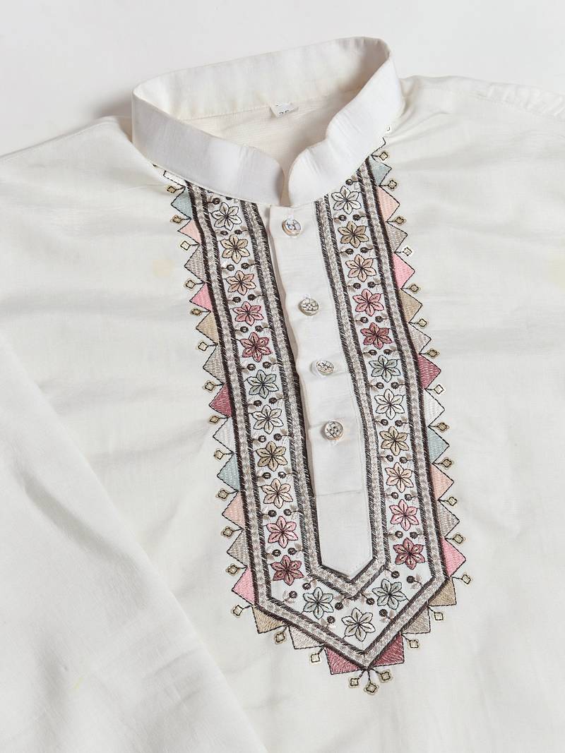 White viscose silk thead with sequins embroidered work wedding function festival party wear straight kurta pant koti