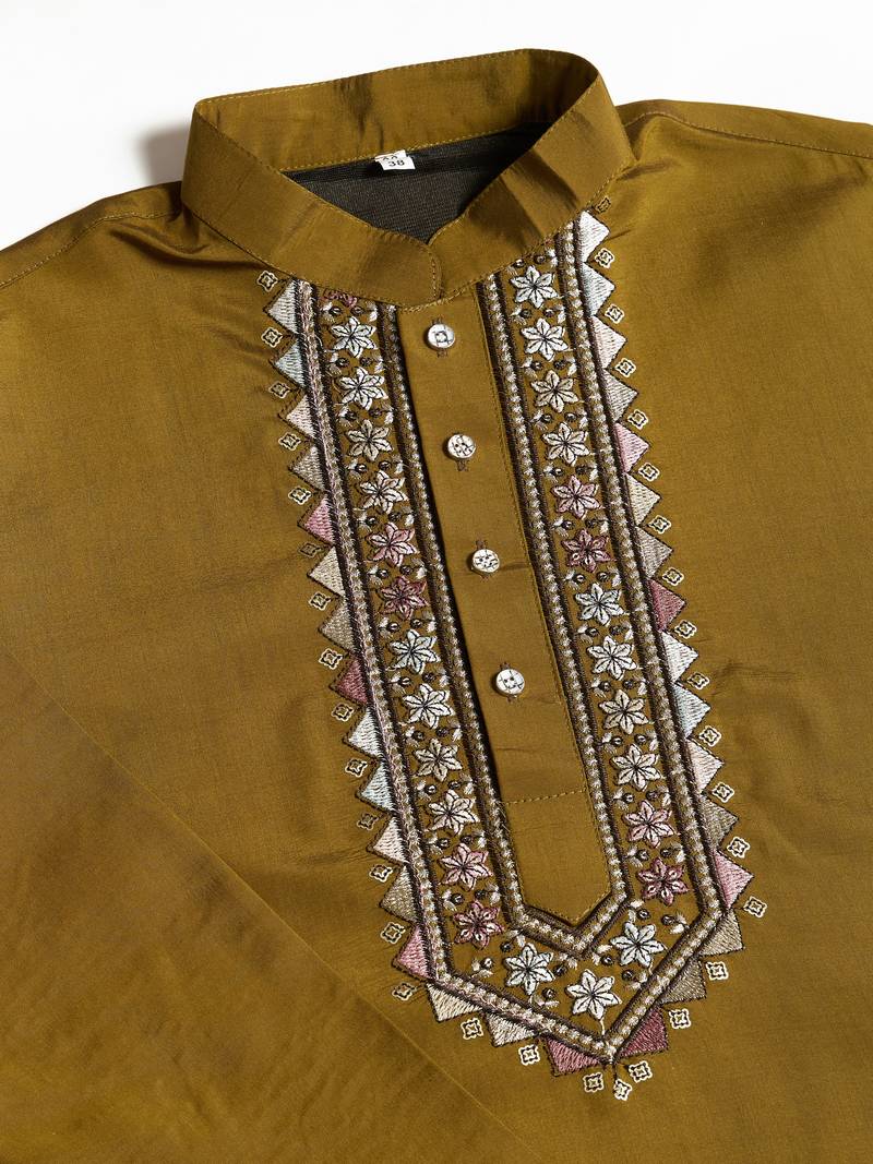 Olive viscose silk thead with sequins embroidered work wedding function festival party wear straight kurta pant koti