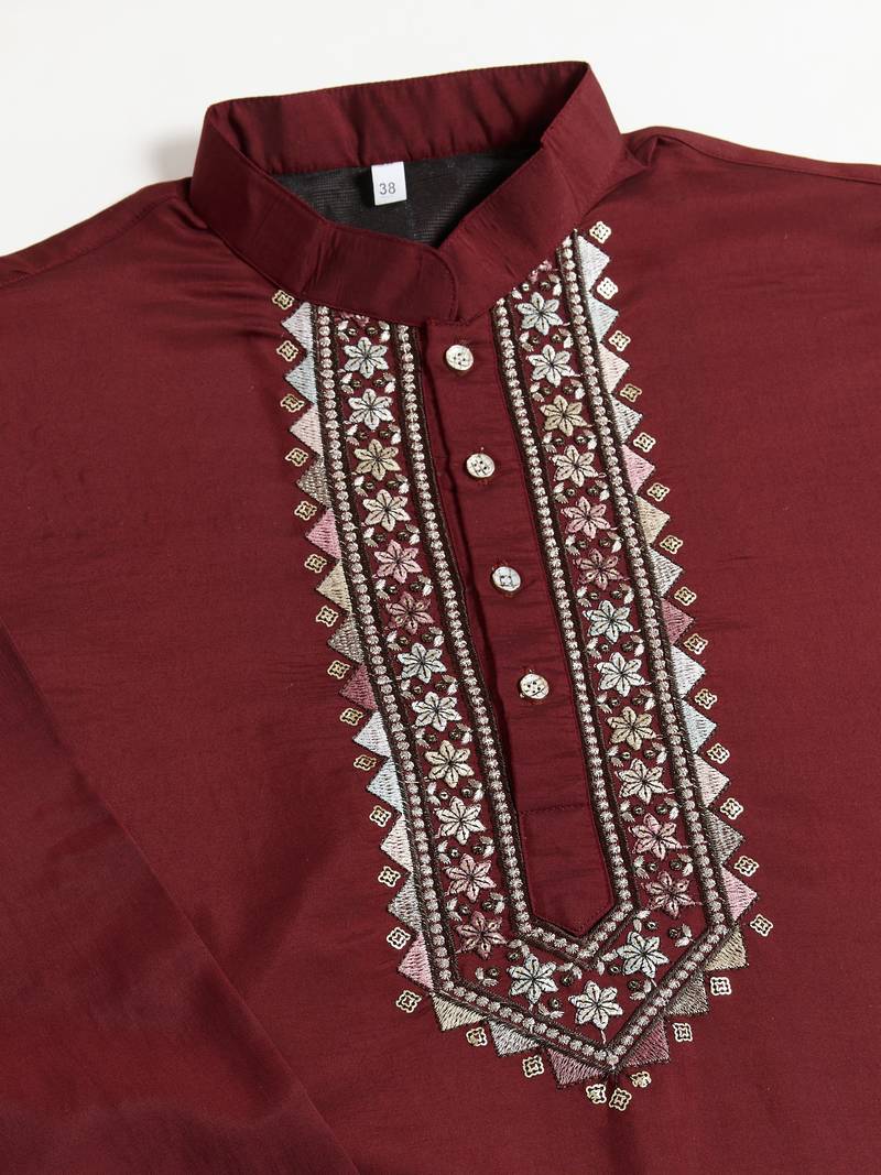 Maroon viscose silk thead with sequins embroidered work wedding function festival party wear straight kurta pant koti