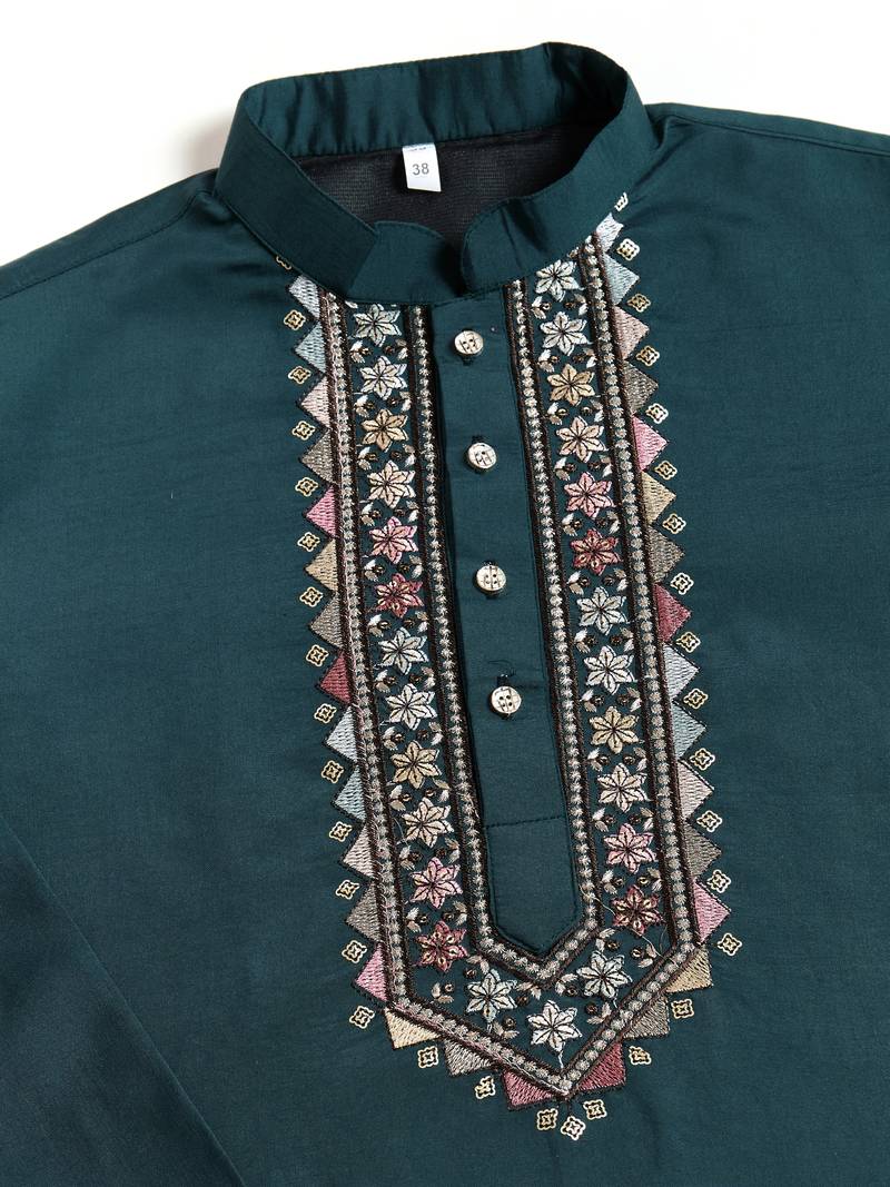 Teal green viscose silk thead with sequins embroidered work wedding festival party wear straight kurta pant koti