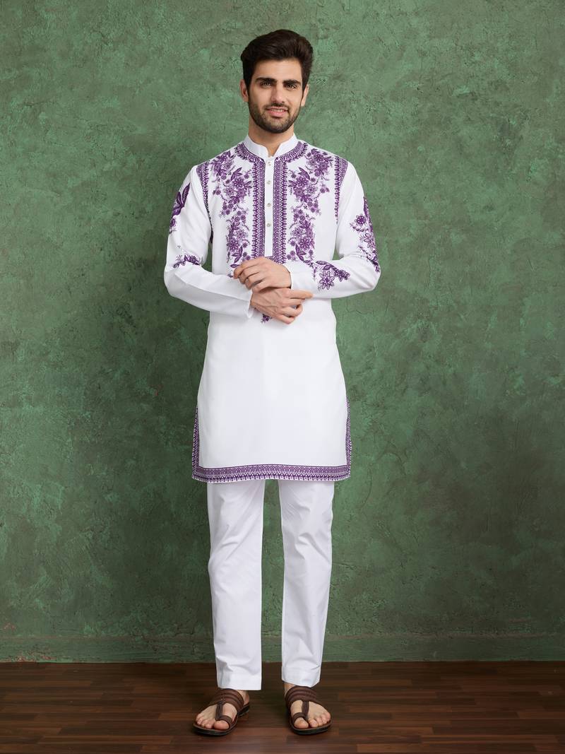 white & purple viscose rayon digital print kurta