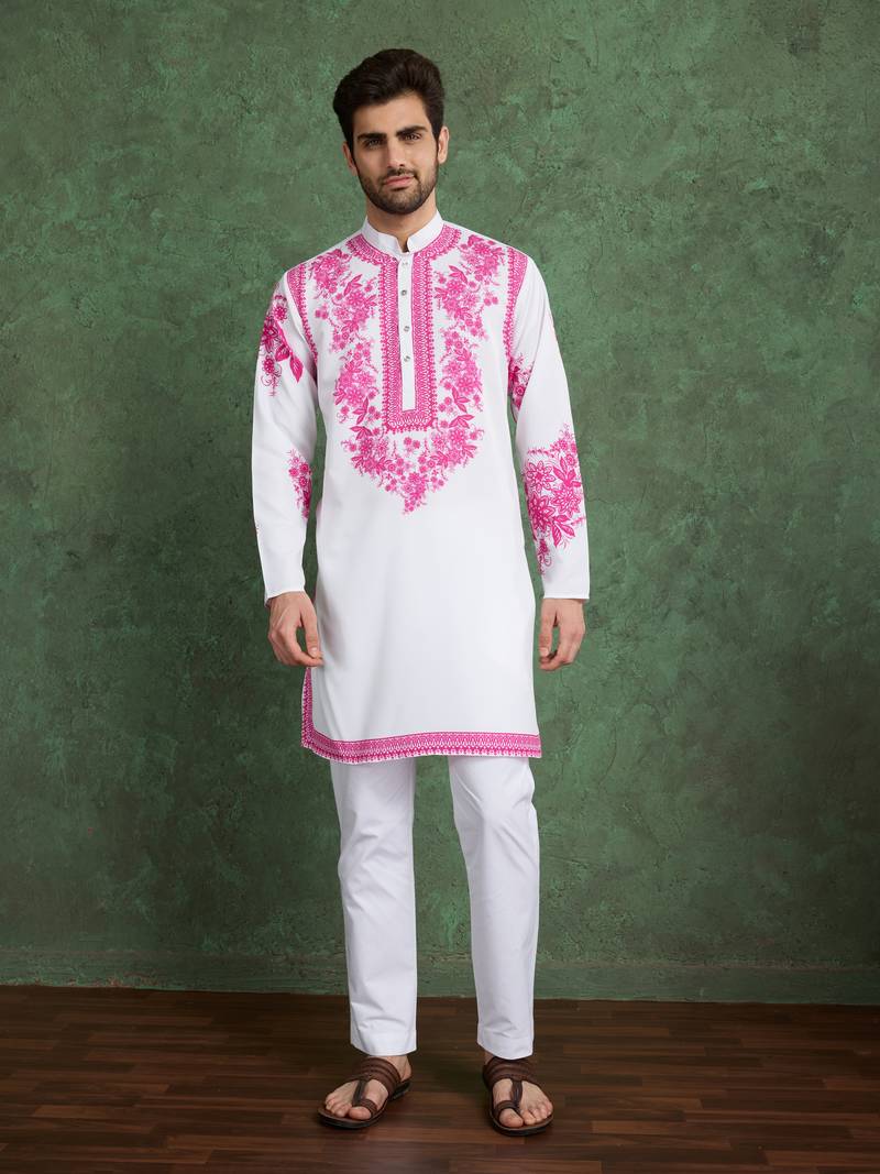 White pink viscose rayon digital print work wedding function festival party wear straight kurta