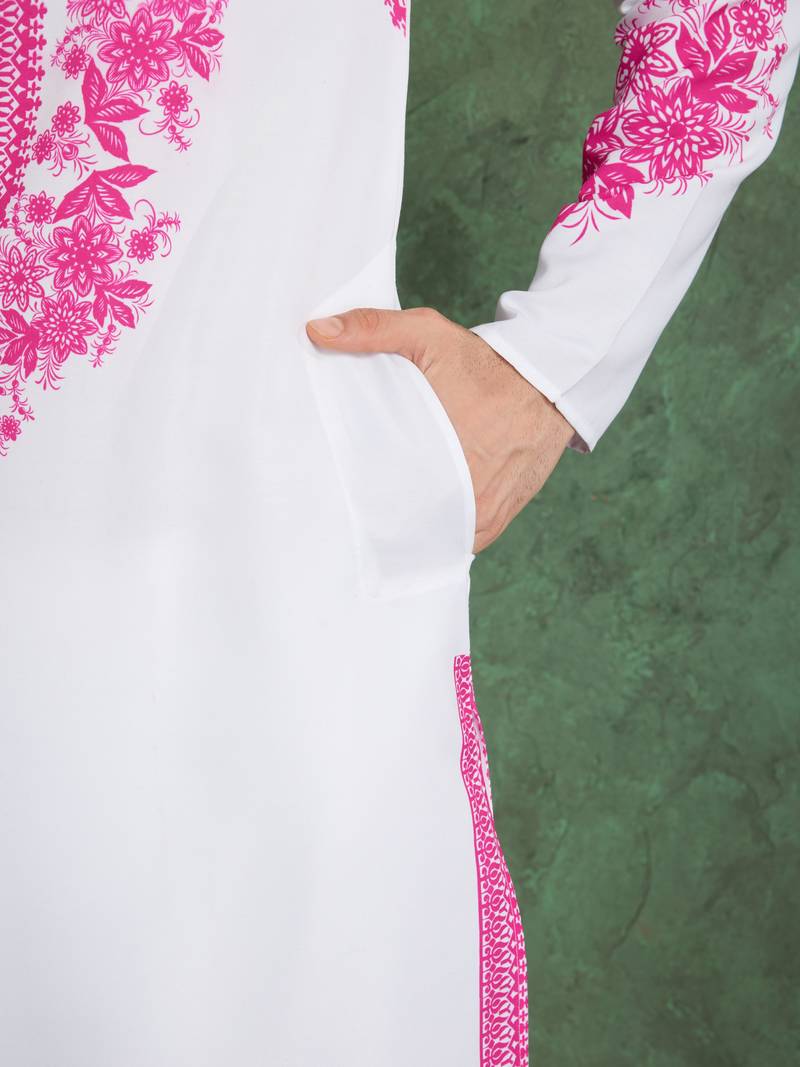 White pink viscose rayon digital print work wedding function festival party wear straight kurta