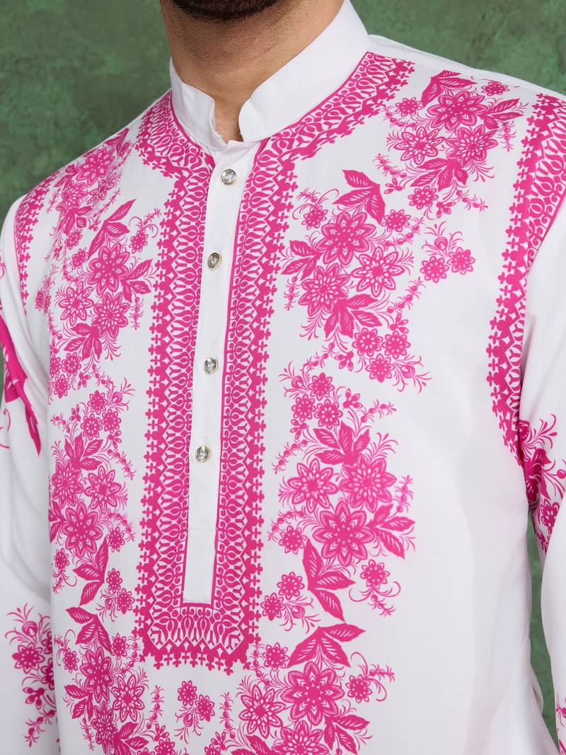 White pink viscose rayon digital print work wedding function festival party wear straight kurta