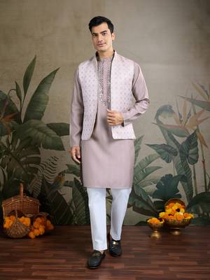 Beige viscose silk jacquard with sequins embroidered work wedding festival party wear straight kurta with jacket 6