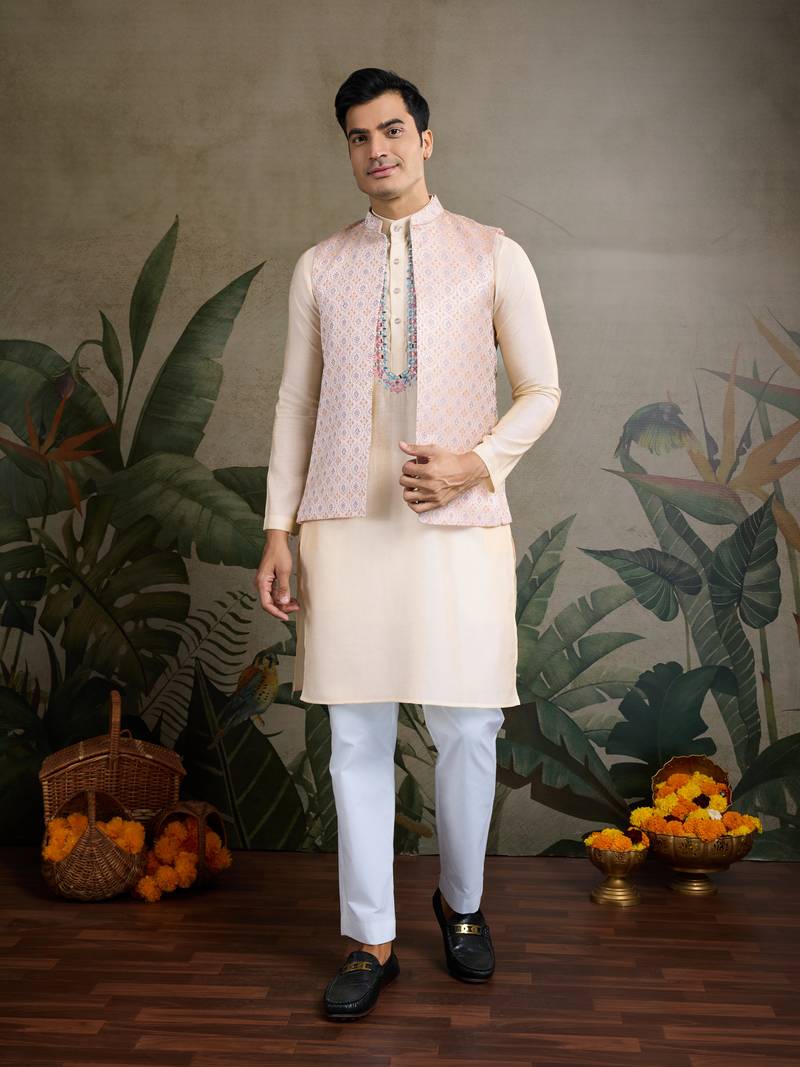 Off white viscose silk jacquard with sequins embroidered work wedding festival party wear straight kurta with jacket